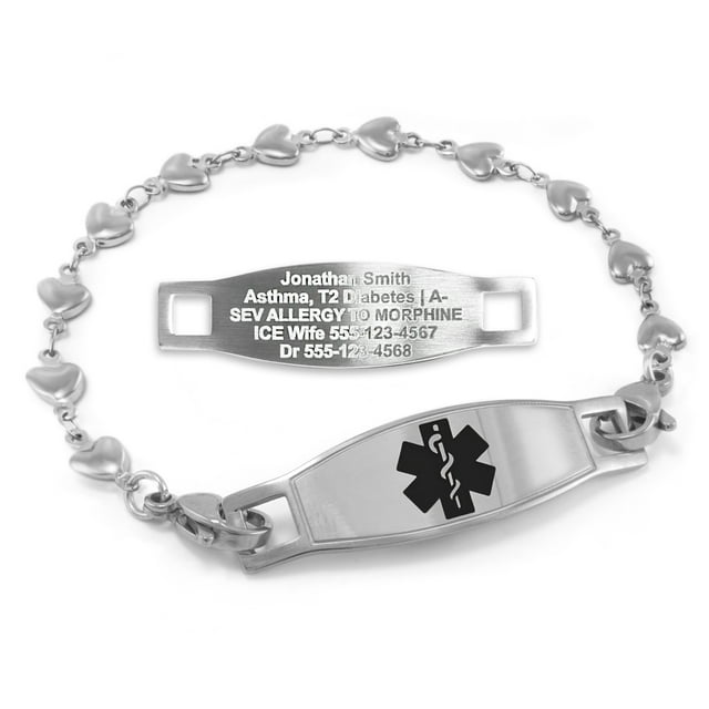 MedicEngraved Bracelet d'Alerte Médicale Personnalisé en Acier Inoxydable - Maillon Cœur 5 mm