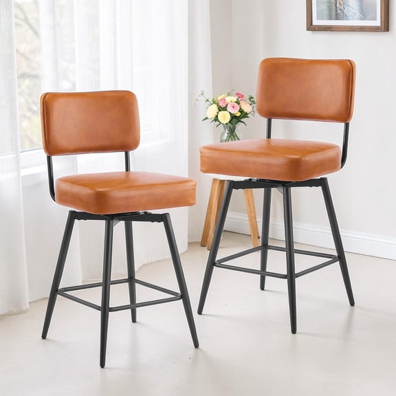 IVV Set of 2 Upholstered Swivel Barstools in Brown PU, 26.46" H Counter Height Kitchen Pub Stools w/ Bentwood Back and Metal Legs, Easy Assembly