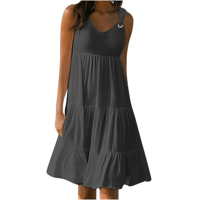 QIPOPIQ Robe T-Shirt Évasée Décontractée d'Été pour Femme, Sortie de Plage, Robe Débardeur Unie à Volants avec Poches, Liquidation