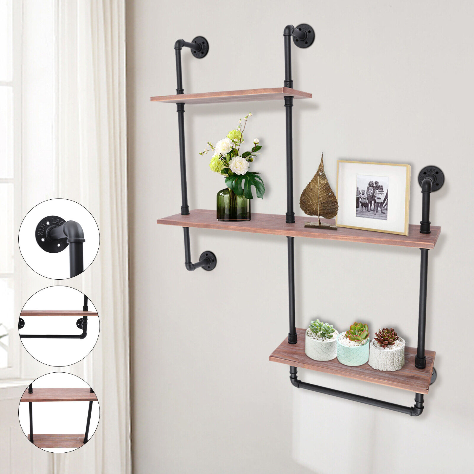 CNCEST 3 Tiers Shelf Vintage Wall Mount Industrial Style Pipe Wooden