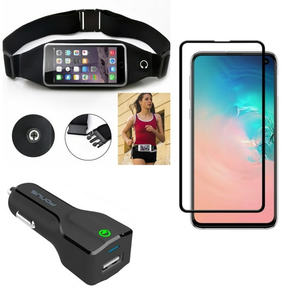 Galaxy S10e Car Charger w Running Waist Bag w Screen Protector - Fast 18W USB Port Power, Belt Band Sports Gym Workout, Tempered Glass 5D Curved Edge for Samsung Galaxy S10e Phone