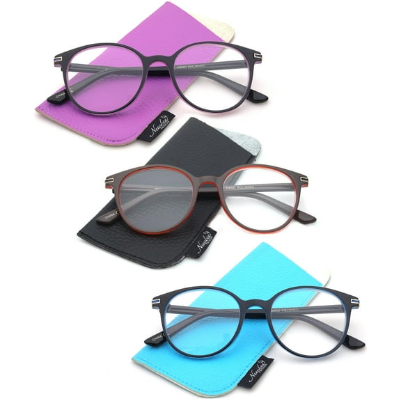3 Pairs Newbee Fashion Reading Glasses for Women,Two Tone Round Vintage Plastic Frame, 3 Pouches Included Match Frame Color, Comfort Design Reading Glasses 1.00