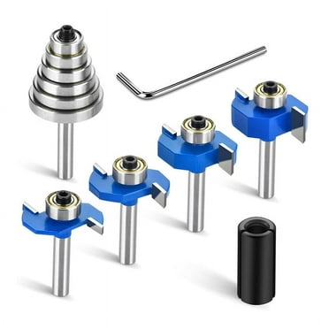 4pcs Router Bits 1/4 Shank with 6 Bearings Set Rabbeting Router Bit for Wood Grooving with 1/2in to 1/4in Router Collet