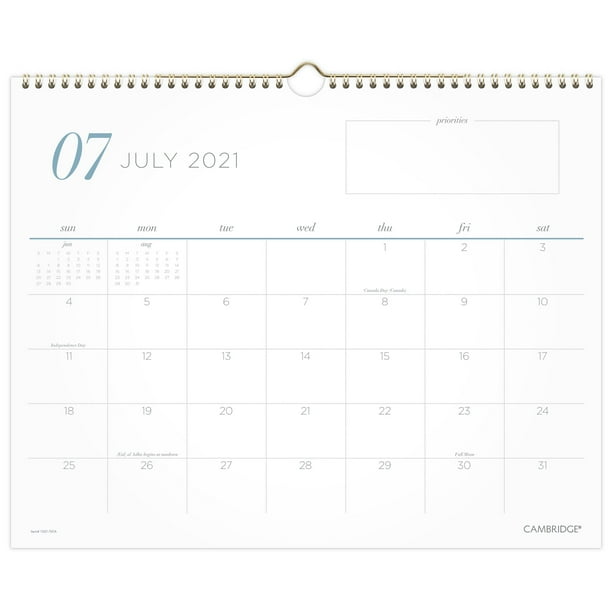 Cambridge WorkStyle Academic Monthly Wall Calendar, 15" x 12", July