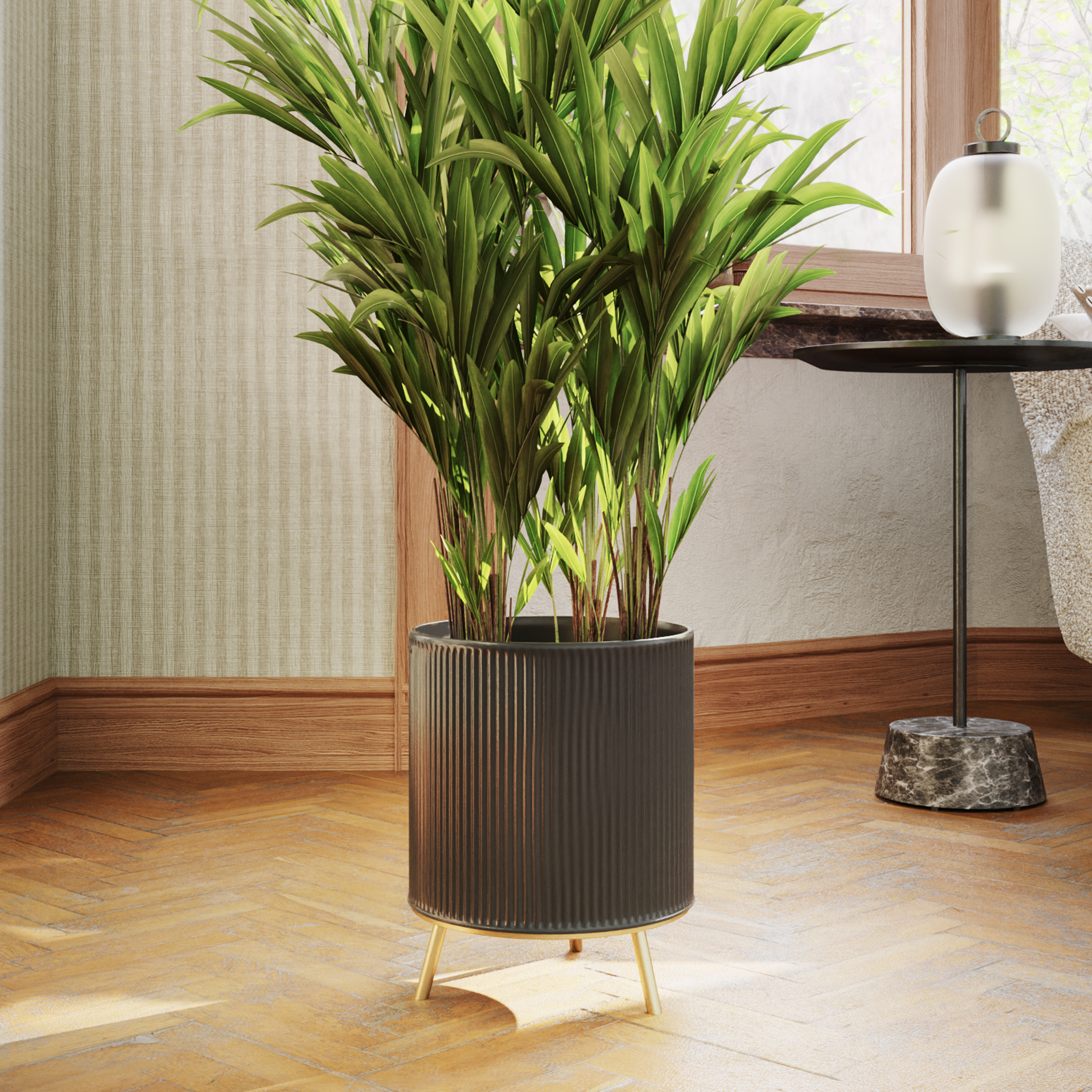 Everett Black Mid-Century Modern Indoor Metal Pot Planter with 3-Leg Metal Base - 13" H x 10.25" W