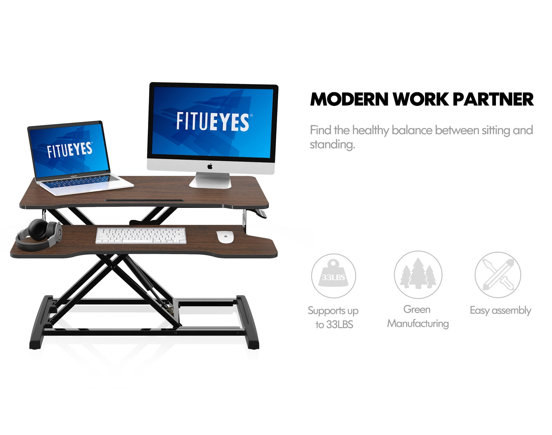 FITUEYES Standing Desk Converter 32inch Stand Up Desk Tabletop Workstation for Dual Monitor Riser SD308002WE-T