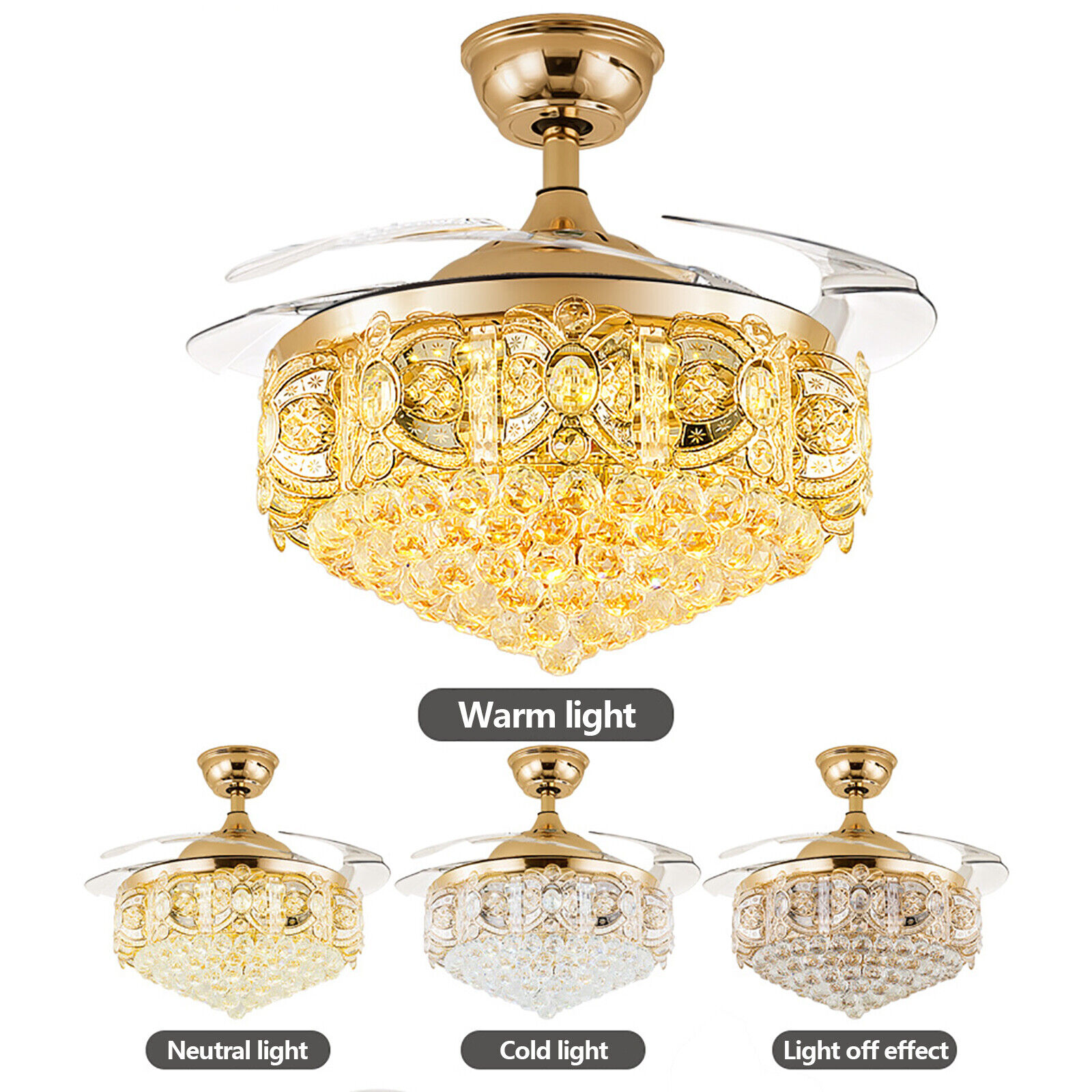 Modern 42" Crystal LED Invisible Ceiling Fan Chandelier Lamp Light Led Lighting W/Remote Gold for 8-25㎡, Living Room, Ding Room, Bedroom