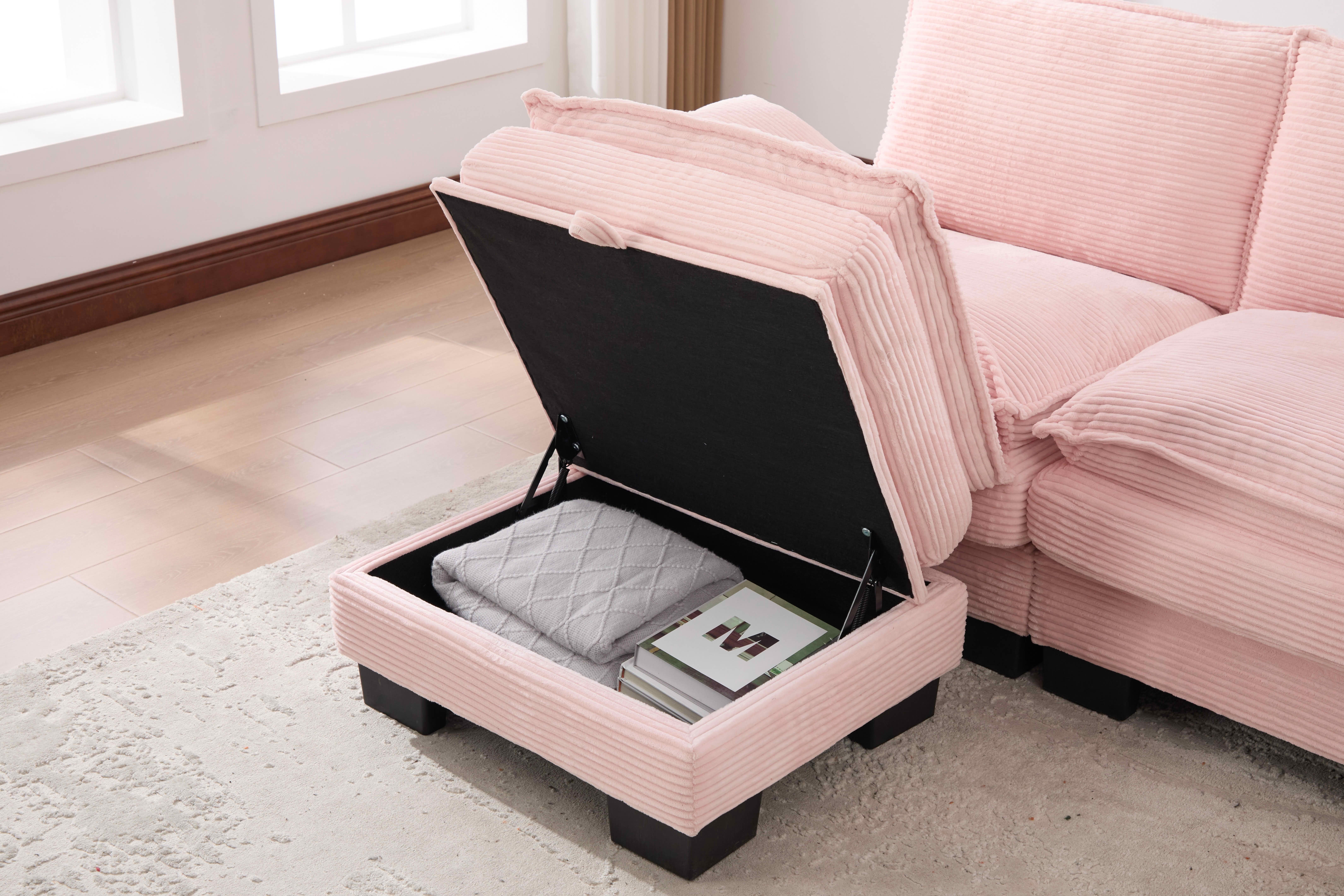 MAYEERTY Ottoman Footstool, Modular Cloud Sofa Footrest with Storage, Soft Corduroy, No Assembly, Pink
