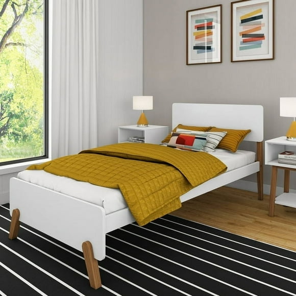 Max & Lily Twin Bed Frame, Mid-Century Modern Solid Wood Platform Bed for Kids, White/Pecan