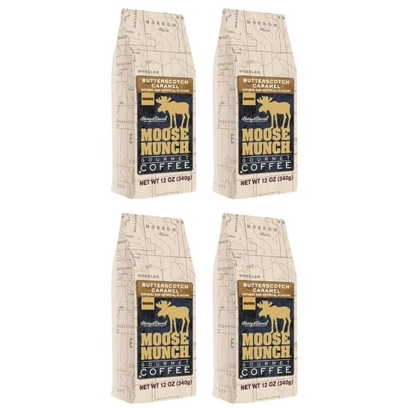 Moose Munch Butterscotch Caramel Ground Coffee – 4 Pack, 12 oz Bags – Sweet Buttery Caramel Flavored Medium Roast Coffee