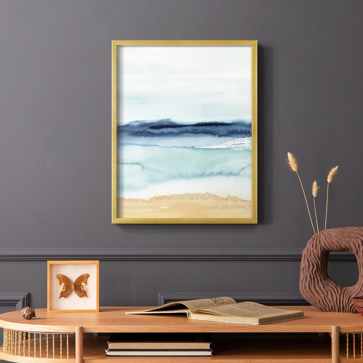 Watercolor Ocean Horizon II Framed Print in Gold Solid Wood 16 x 20 Framed Print
