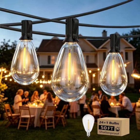 S14 LED 50ft Outdoor String Lights, 24+1 Shatterproof Waterproof Bulbs for Patio Cafe Bistro