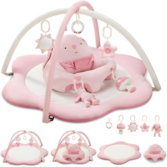 suihuooo Baby Gym Play Mat With 5 Detachable Toys Activity Tummy Time Playmats for Newborn 0-18 Months,Pink