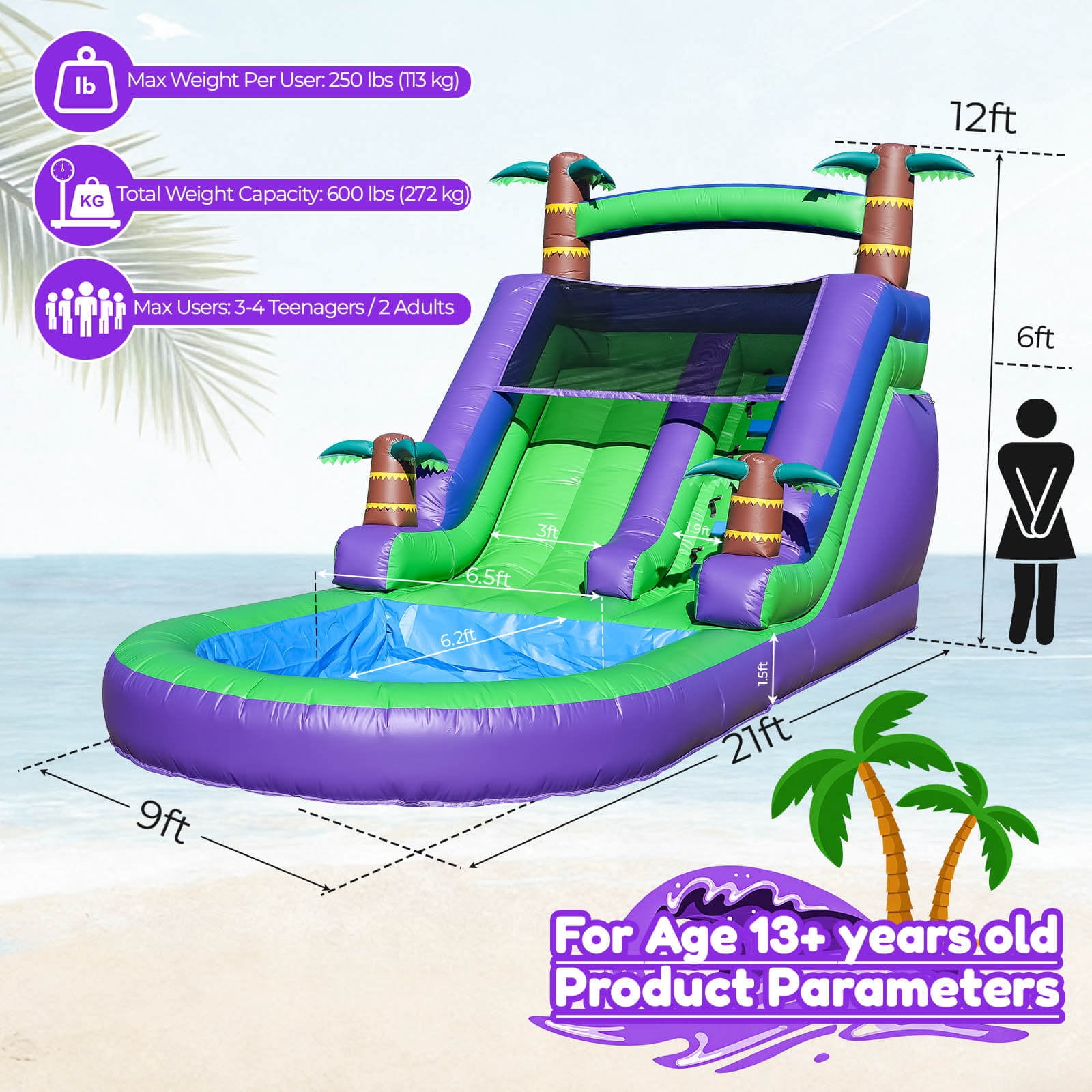 OFFMUST 21' Purple Tropical Inflatable Water Slide Commercial Grade Home Water Park for Adults Teen with Water System