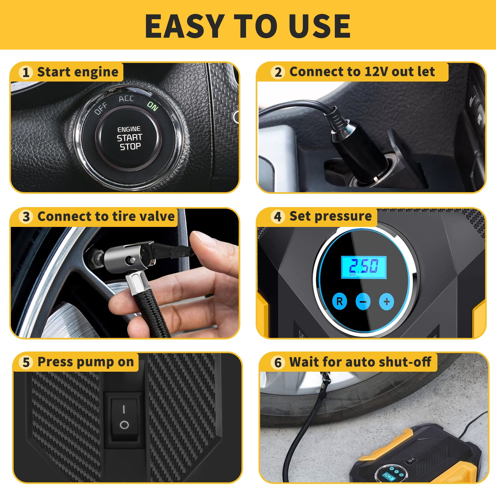 PHANCIR 12V DC Tire Inflator, Auto Shut-off 150PSI Air Pump for Car, Portable Tires Air Compressor, Electric Pump with LED Light & Digital Pressure Gauge