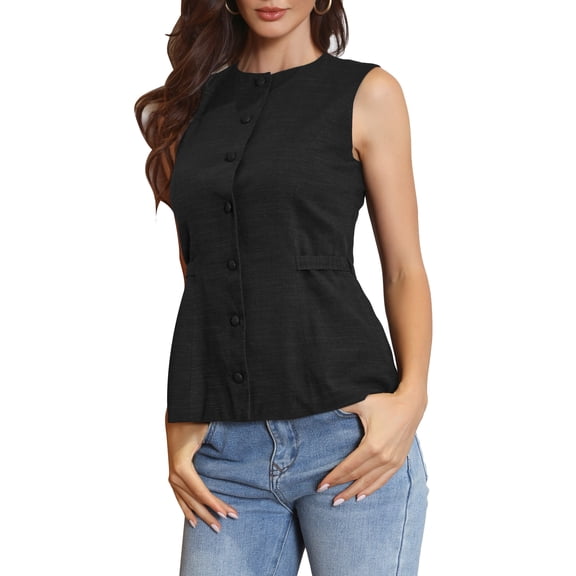 Vest for Women Button Down Crew Neck Waist Belt Business Casual Vest Tops XS Black