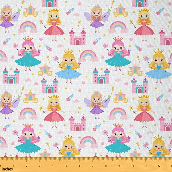 jejeloiu Cartoon Princess Fabric by the Yard 1 Yard,Fairy Tale Theme Home Decor Fabric by the Yard,Colorful Rainbow Castle Sewing Fabric For Girl Child,Luxury Bedroom Decor