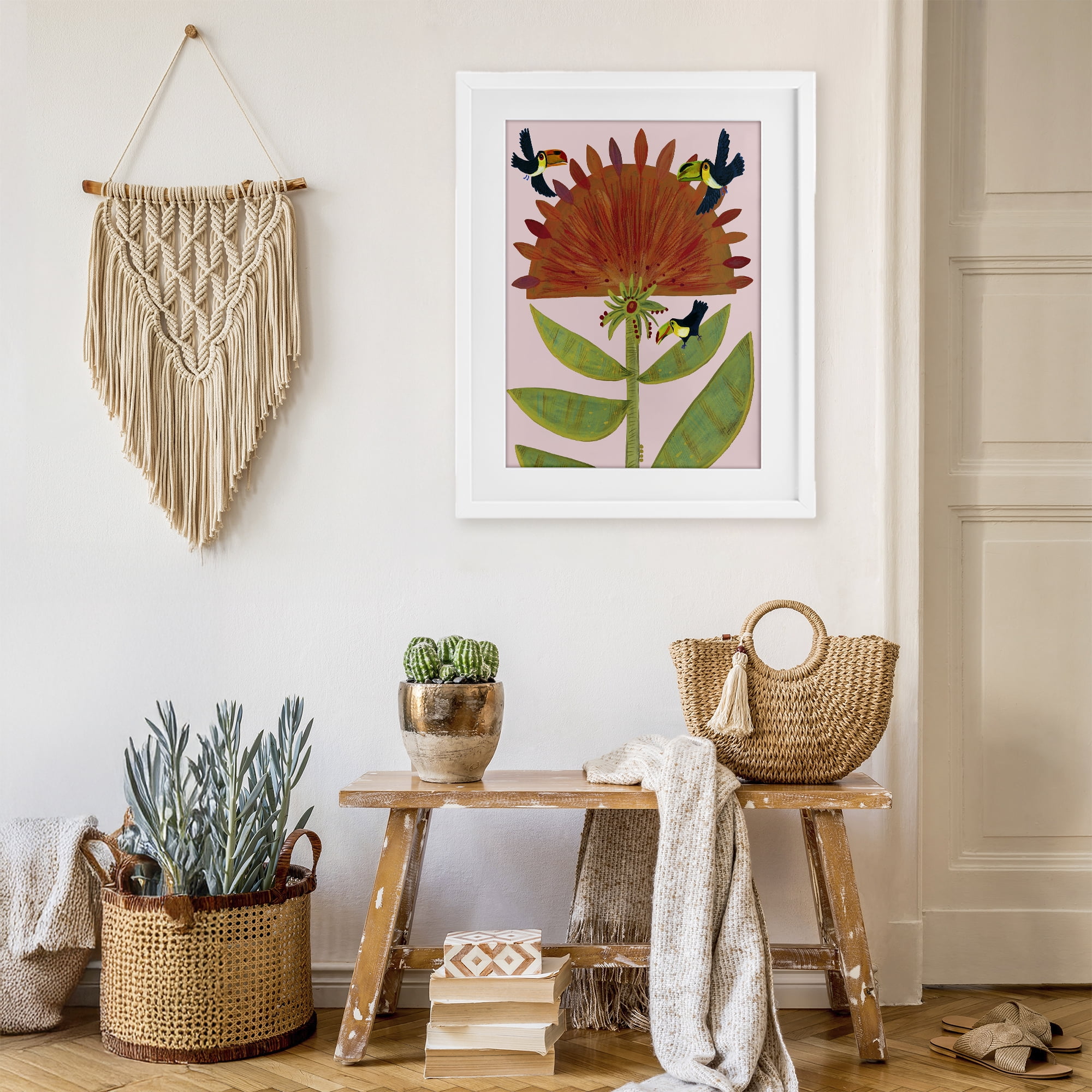 Stupell Industries Tropical Plant & Toucans White Framed Print Under Glass, design by Kay Widdowson