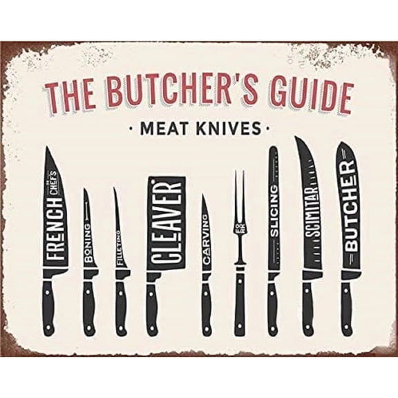 Butcher's Guide Meat Knives Metal Tin Sign Family Farmhouse Wall Kitchen Decoration 8x12 Inches