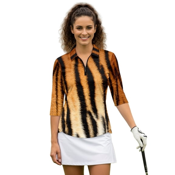 HUIACONG Tiger Stripe Pattern Women's Golf Polo Shirts Quarter Zip with Wear Resistant Anti-Wrinkle Womens 3/4 Sleeve Golf Shirts for Tennis Matches Workout Outing