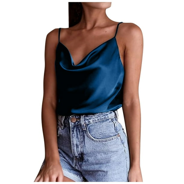 Playeras,Blusas y Tops,Ropa para Mujer Mujeres Tank Top Camiseta de gasa informal elegante y sexy con base de color sólido para mujer (Navy, M)