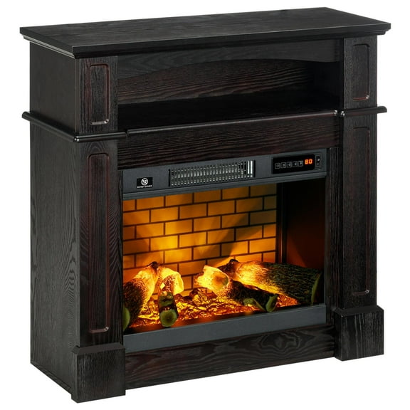 Resenkos 32" Electric Fireplace with Mantel, Freestanding Heater with LED Log Flame, Brown