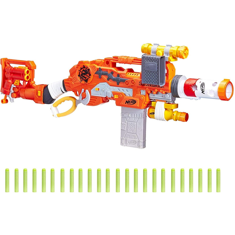 Scravenger Nerf Zombie Strike Toy Blaster with Two 12-Dart Clips, 26 Darts, Light, Barrel