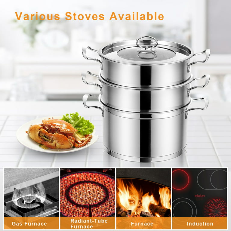 Costway 3-Tier Steamer Pot 304 Stainless Steel Steaming Cookware w/ Glass  Lid 