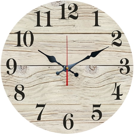 Hoease 10 Inch Silent Wall Clock, Distressed White Wood Plank Decorative Wall Clock, Battery Operated Non-Ticking Round Clock for Living Room Bedroom Kitchen Home Decor
