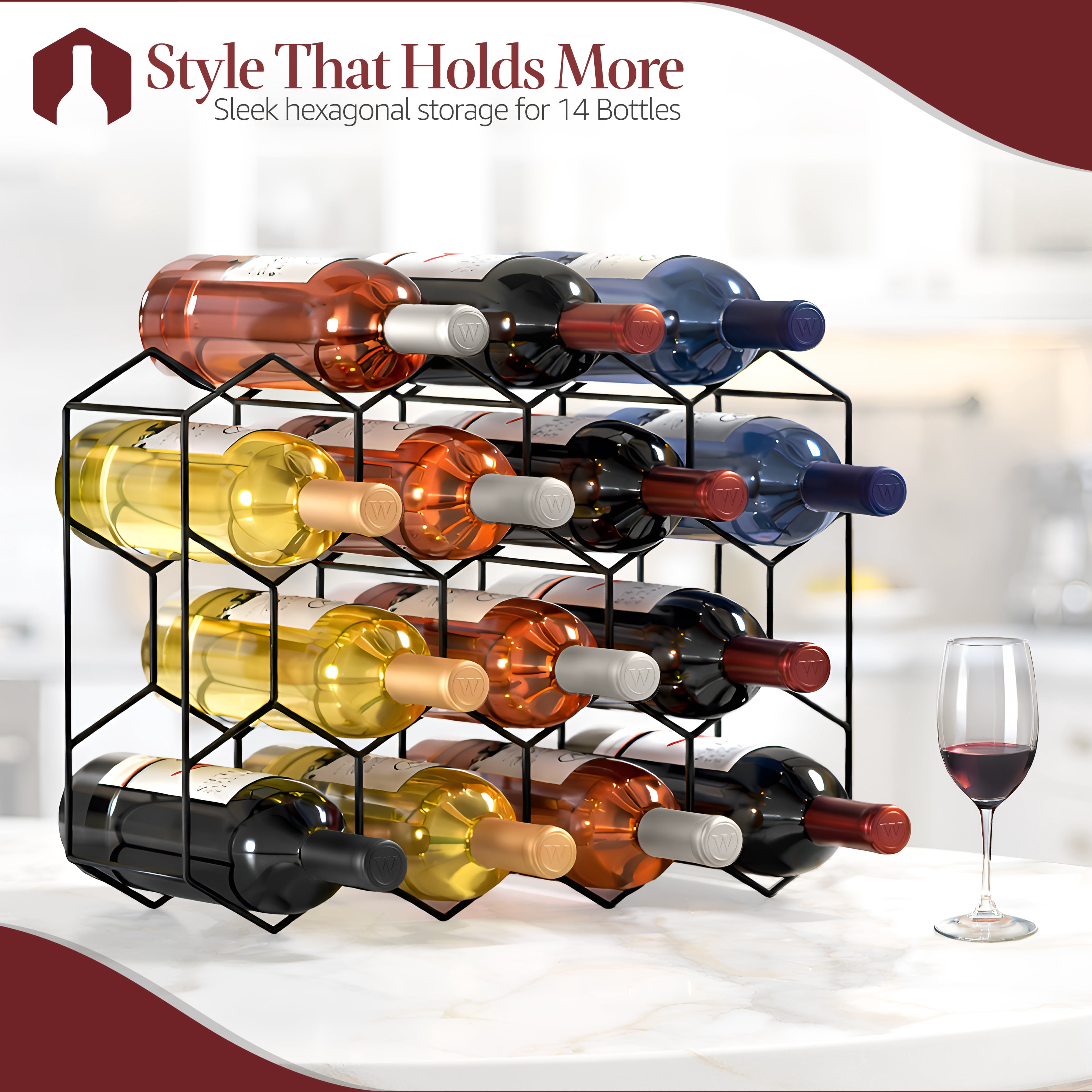 Sorbus 14-Bottle Stackable Metal Wine Rack Black Honeycomb Countertop Storage