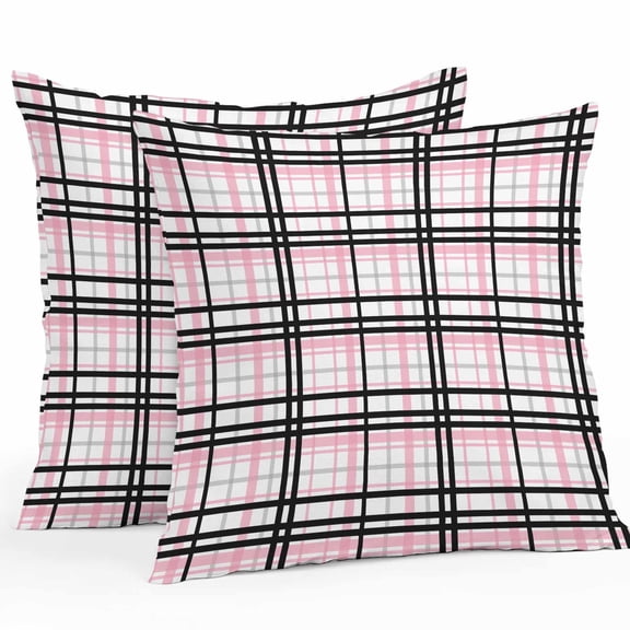 Abstract Stripes Outdoor Pillow Covers Pack of 2 Pink Black Grey Plaid Waterproof Throw Pillow Covers Decorative Cushion Cases for Patio Garden Tent Balcony Couch 16x16 inch