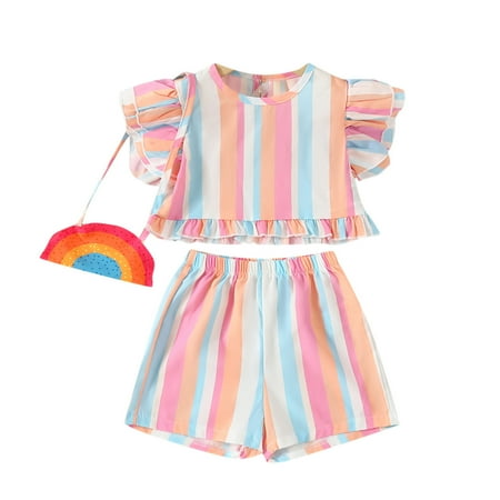 

BJUTIR Girls Summer Outfits Toddler Fly Sleeve Ruffles Striped Prints T Shirt Pullover Tops Shorts Outfits