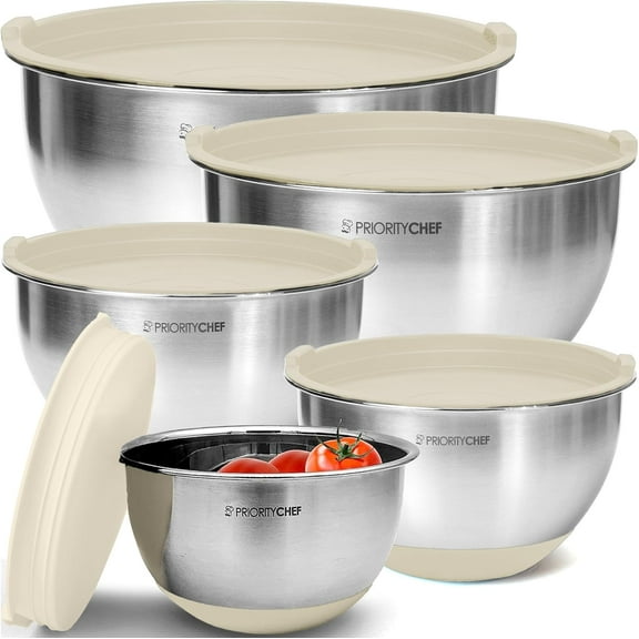 Premium Mixing Bowls With Airtight Lids Set, Thicker Stainless Steel Mixing Bowl Set, Large Prep Metal Bowls with Lids, Nesting Bowls for Kitchen, 1.5/2/3/4/5 Qrt, Khaki
