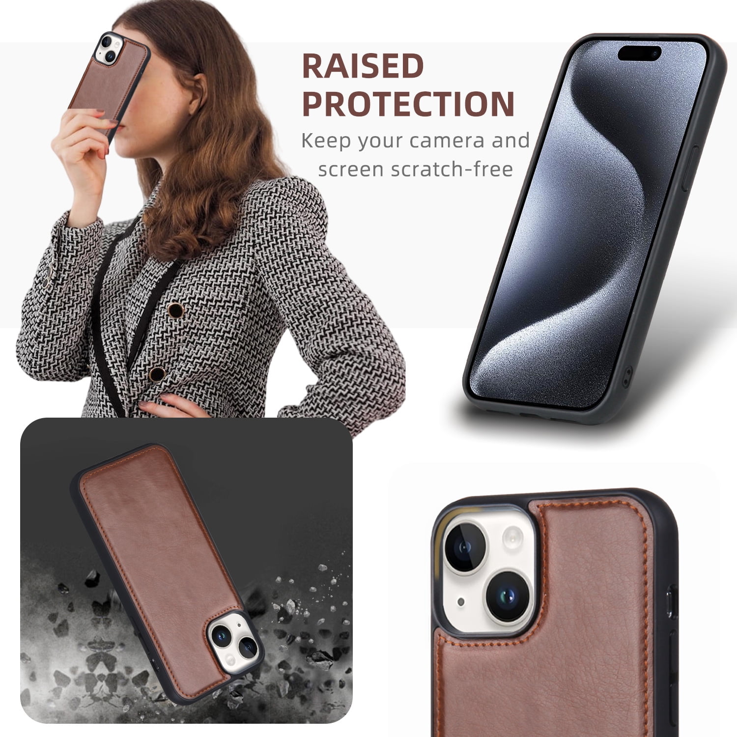 2 In 1 Wallet Phone Case for Apple iPhone 13, Detachable Magnetic Back Cover with Cards Holder Zipper Pocket Hand Wrist RFID Blocking Snap Closure Shockproof Case for iPhone 13, Brown