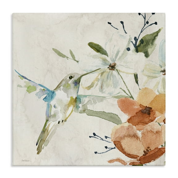 Stupell Industries Soft Florals & Hummingbird Plants & Flowers Painting Wrapped Canvas Art Print Wall Art, 17 x 17