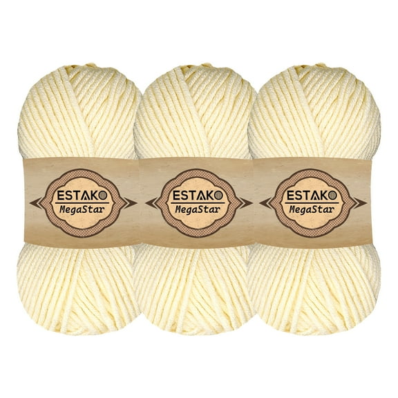 Estako Megastar, (3 Skeins Pack) 75% Acrylic 25% Wool Yarn, Soft, Chunky Bulky Weight #5 for Crochet and Knitting (3 x 3.52 Oz) / (3 x 120 Yrds) (60299 - Cream)