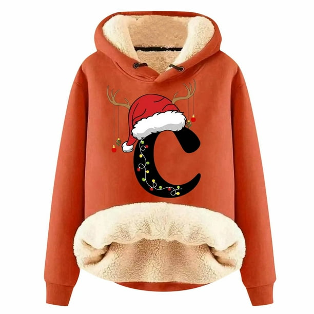 WILLBEST Sudaderas para Mujer, Sudadera con Capucha Estampada con Letras Navideñas, Lana Gruesa, Cálida para Invierno, Estilo Pullover, Sudadera de Moda XXXXX-Grande