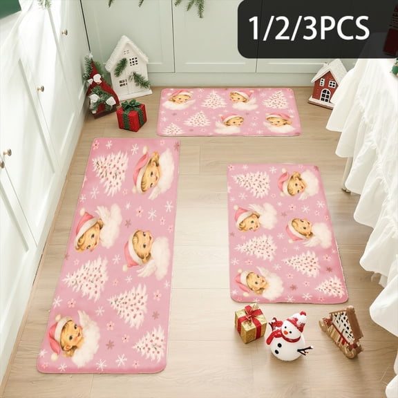 3PCS Kitchen Mat set, Welcome Door Flannel Rug,Home Decor for Front Door,Kitchen, Bathroom, Pink Christmas Trees And Angels ,Great Christmas Housewarming gift for Family and Friends.