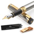 thumbnail image 1 of Dryden Designs Fountain Pen - Medium Nib 0.5mm | Includes 6 Ink Cartridges (3 Black, 3 Blue), Notebook Clips and Ink Refill Converter | - Silver, 1 of 10