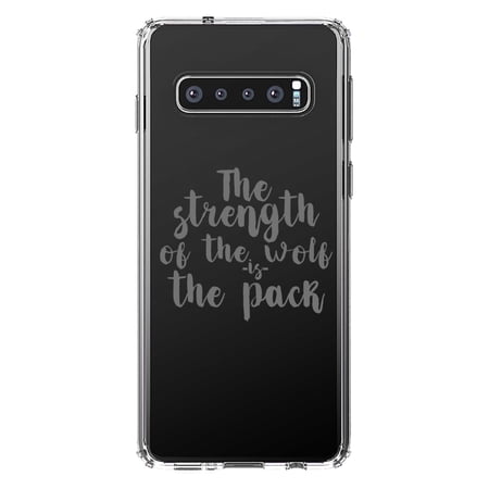 DistinctInk Clear Shockproof Hybrid Case for Samsung Galaxy S10 (6.1 Screen) - TPU Bumper Acrylic Back Tempered Glass Screen Protector - Strength of the Wofl is the Pack