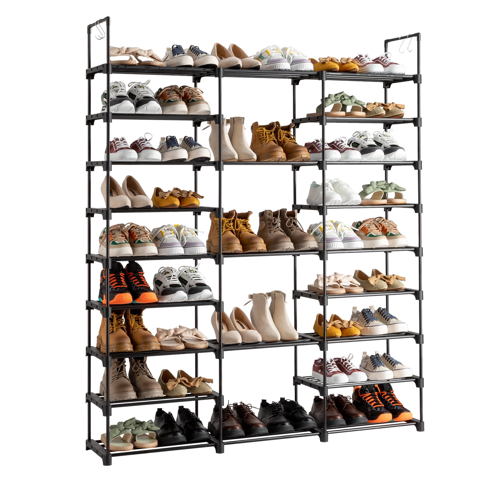  SUNTAGE Free-Standing Shoe Rack Organizer, Garage Shoe Storage  Organizer with Side Hooks & Pockets, Metal Shoe Rack for Garage, Entryway,  Holds 32 Pairs Shoes & Boots, 2 Columns, 9 Tiers 