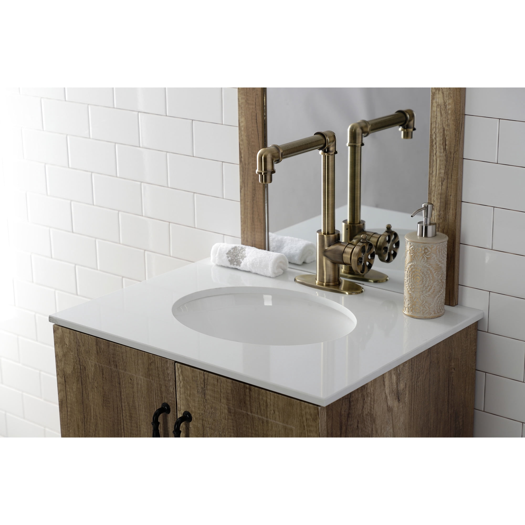 Kingston Brass KSD144RXAB Belknap One-Handle Single-Hole Bathroom Faucet with Deck Plate and Push Pop-Up Drain, Antique Brass