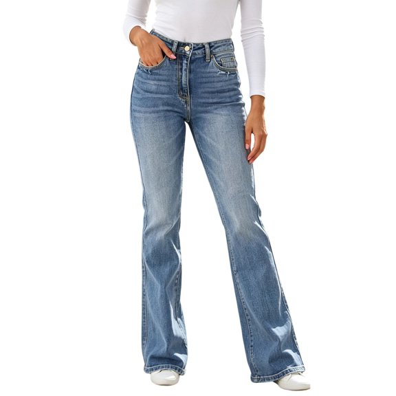 Zysthvn High Waist Flare Jeans for Women Casual Denim Fall Women Pants Button with Pockets Solid Bootcut Trousers