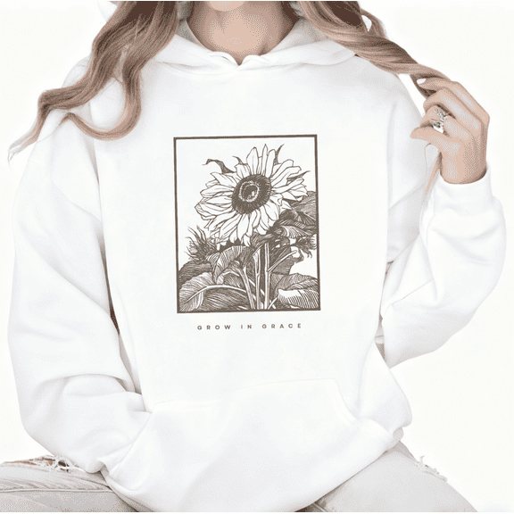 Grow In Grace Sunflower Print Hoodie Graphic Sweatshirt White Faith S-2XL Tops