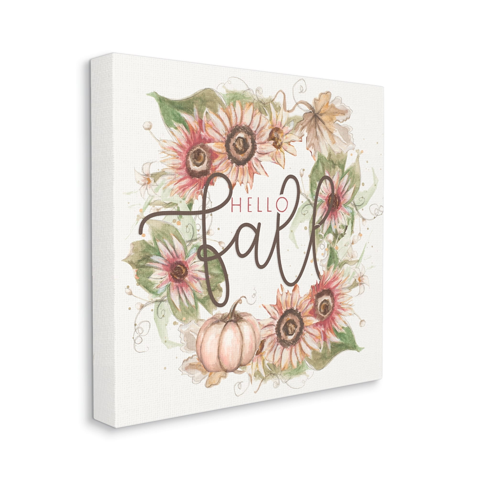Hello Fall Autumn Greeting Floral Pumpkin Wreath Botanical & Floral Graphic Art Gallery-Wrapped Canvas Print Wall Art