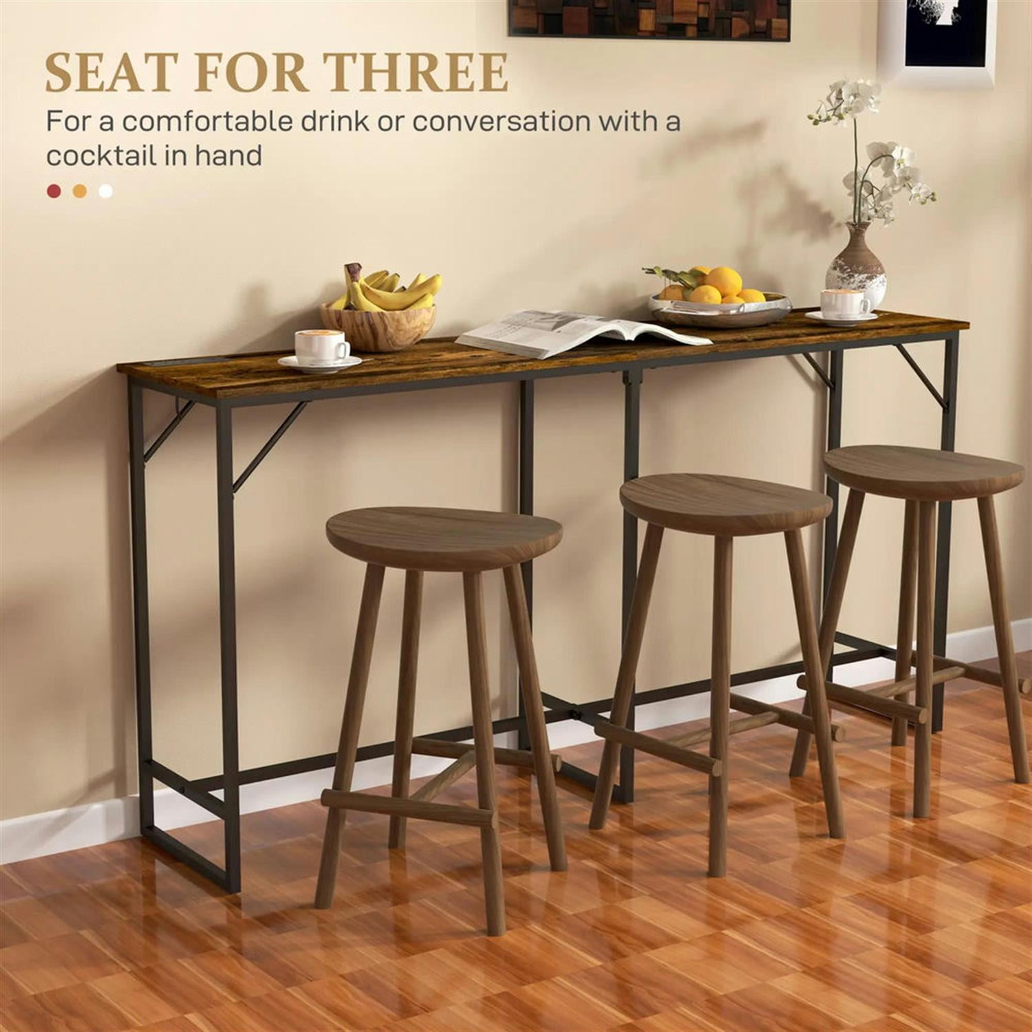 Demi Bonn 70" Industrial Bar Tables with Charging Station, Steel Rectangular Bar Height Pub Table for 4 to 6 People for Dining Room, Home Office, Brown