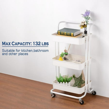 Yescom Rolling Utility Storage Cart Mobile 3 Tiers Kitchen Trolley Wheeled Shelving Tool Organizer Black/White