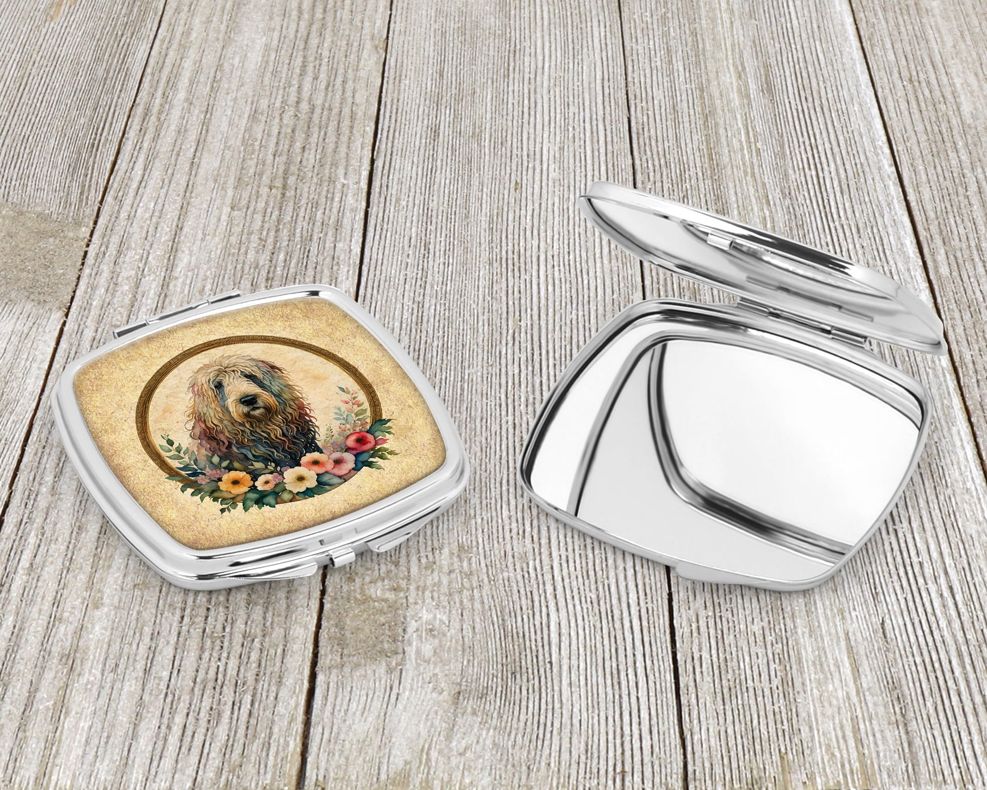 Komondor and Flowers Compact Mirror 2.75 in x 3 in