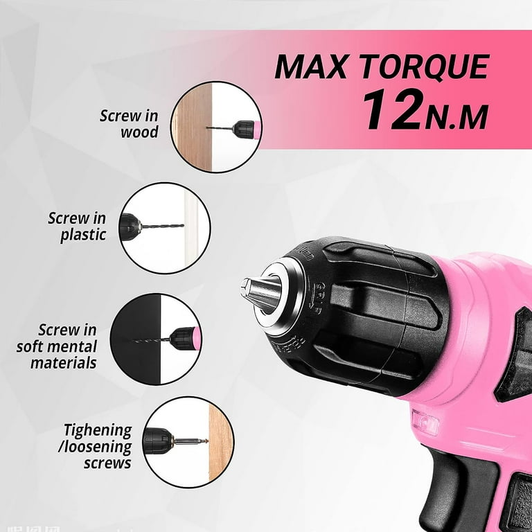 DEKOPRO 8V Pink Cordless Drill Set, 126-Piece Lightweight