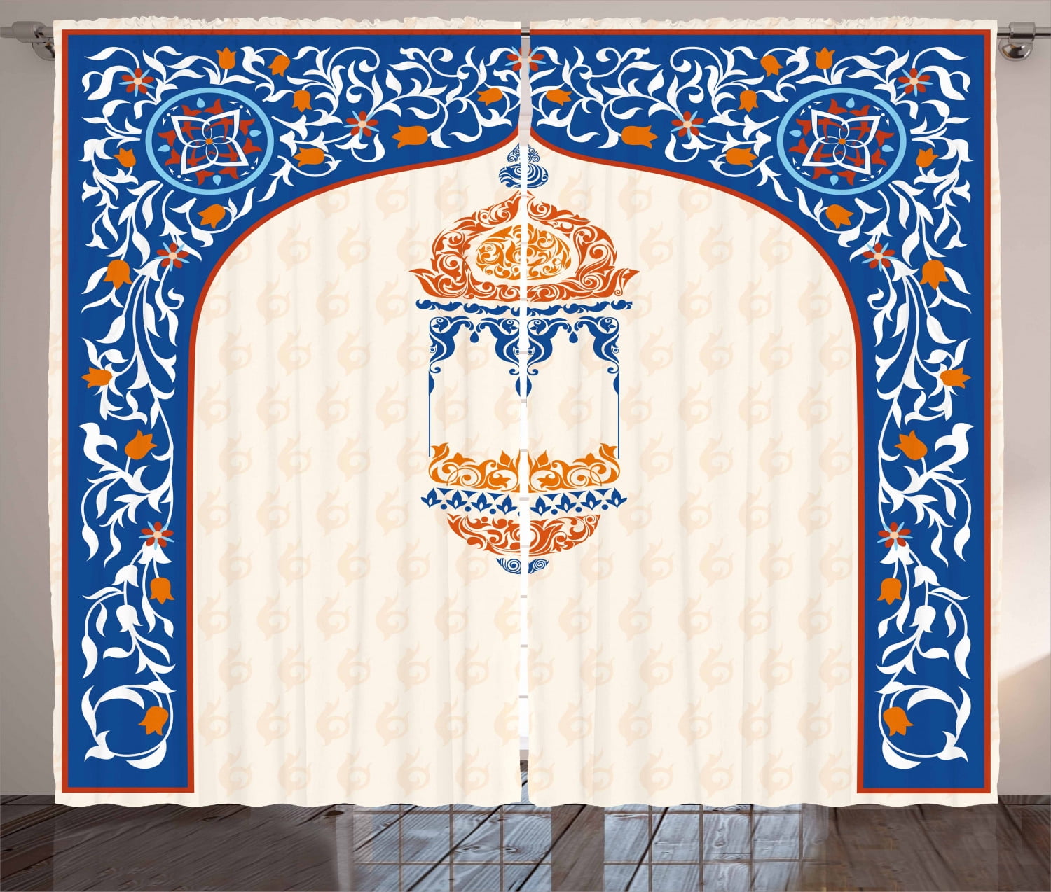 Lantern Curtains 2 Panels Set, Islamic Celebration Eid Mubarak Ancient